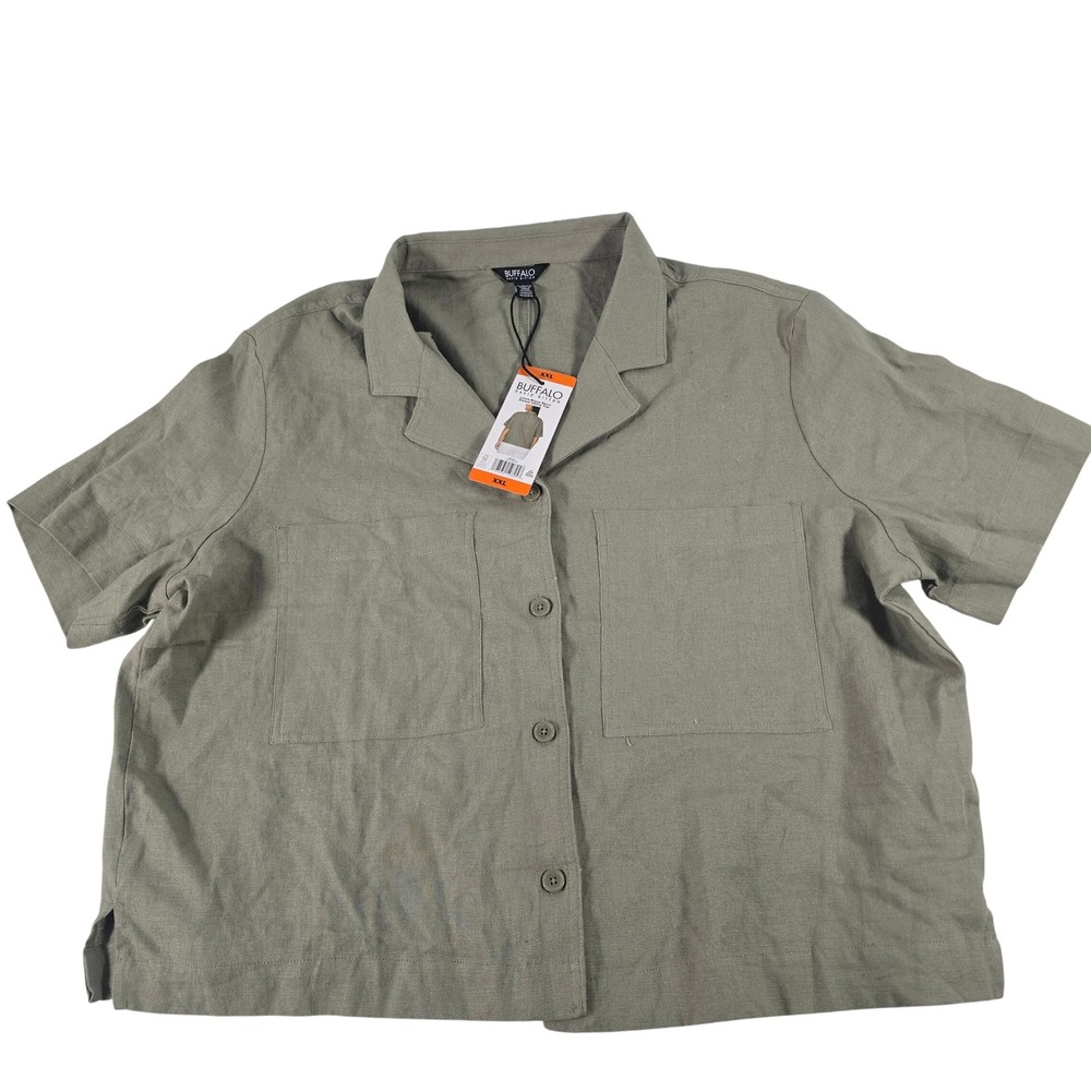 Buffalo David‎ Bitton Linen Blend Utility Top Olive Green Short Sleeve XXL NEW